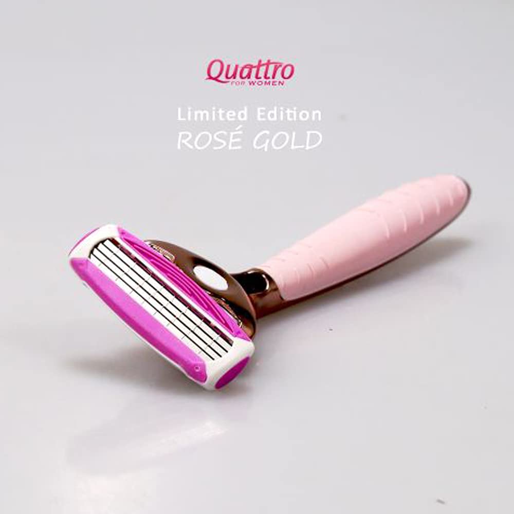 Includes Wilkinson Sword Quattro Rose Gold 5 blade refills for extended shaving sessions.