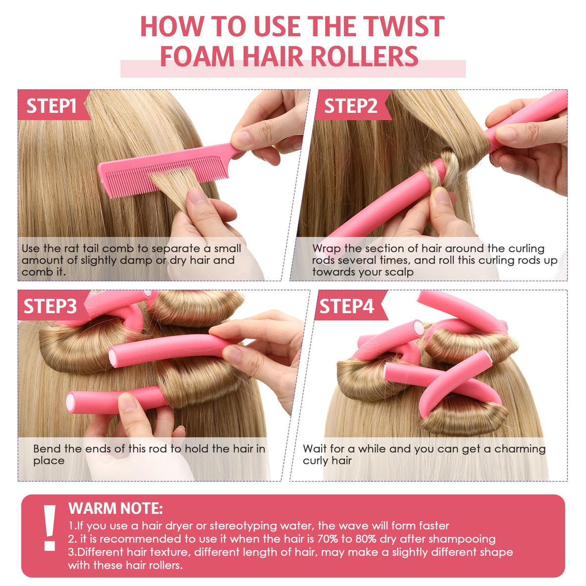 Willbond stainless steel rat-tail combs included in pink kit for easy sectioning