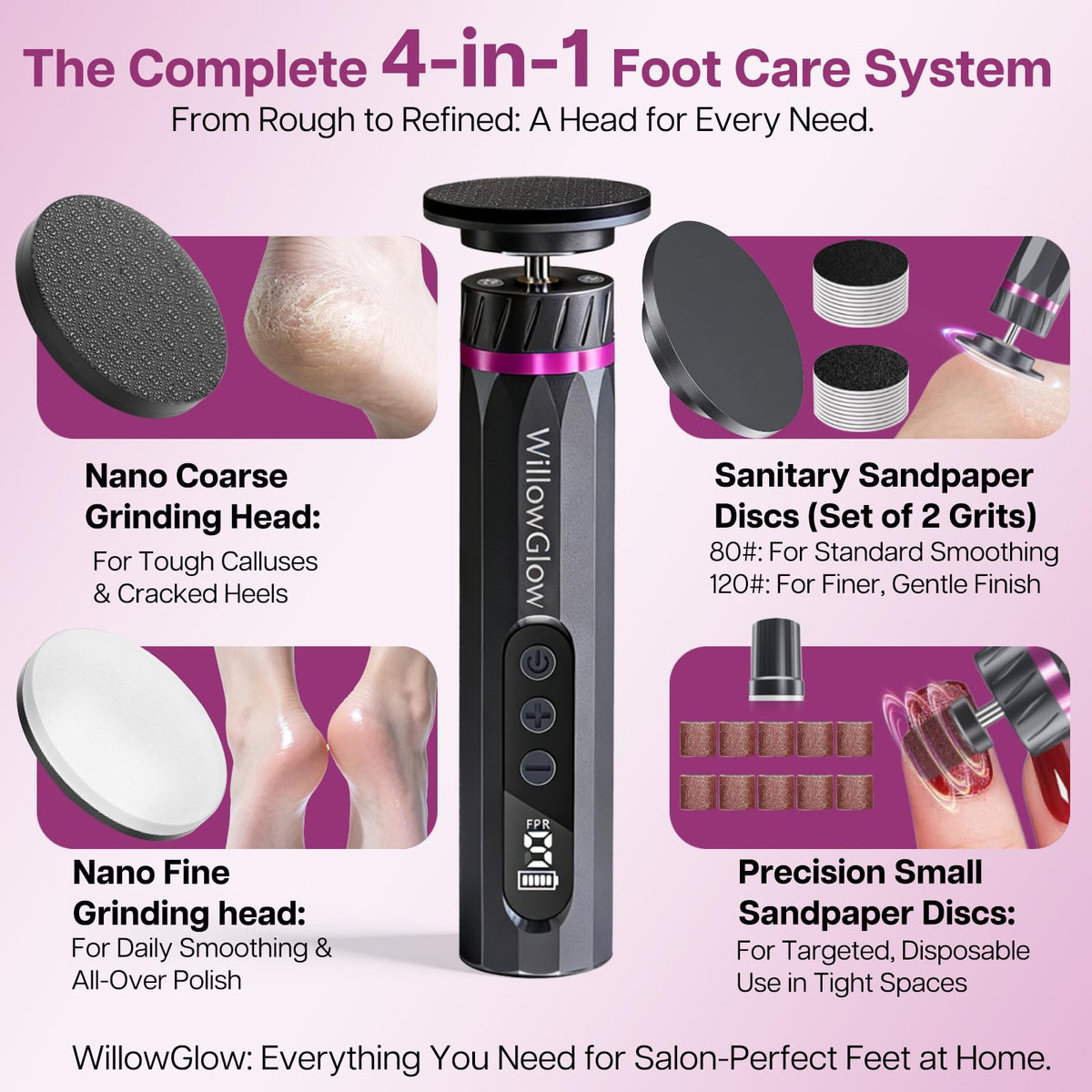 WillowGlow 7-in-1 kit includes heads, sandpaper, brush, and velvet bag.