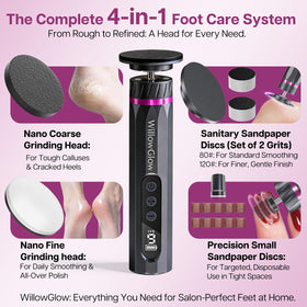 WillowGlow 7-in-1 kit includes heads, sandpaper, brush, and velvet bag.