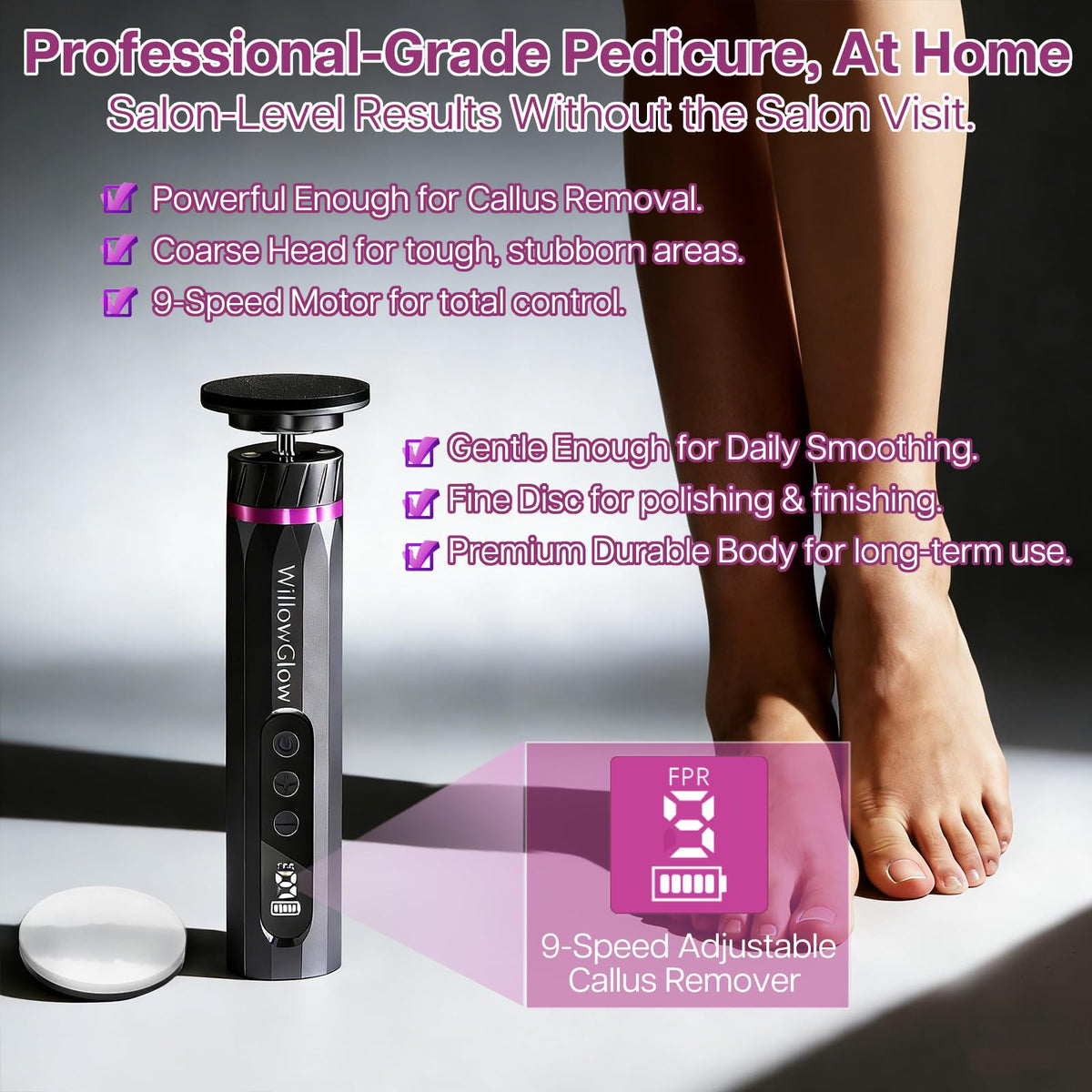 WillowGlow nano glass heads provide durable, reusable pedicure results.