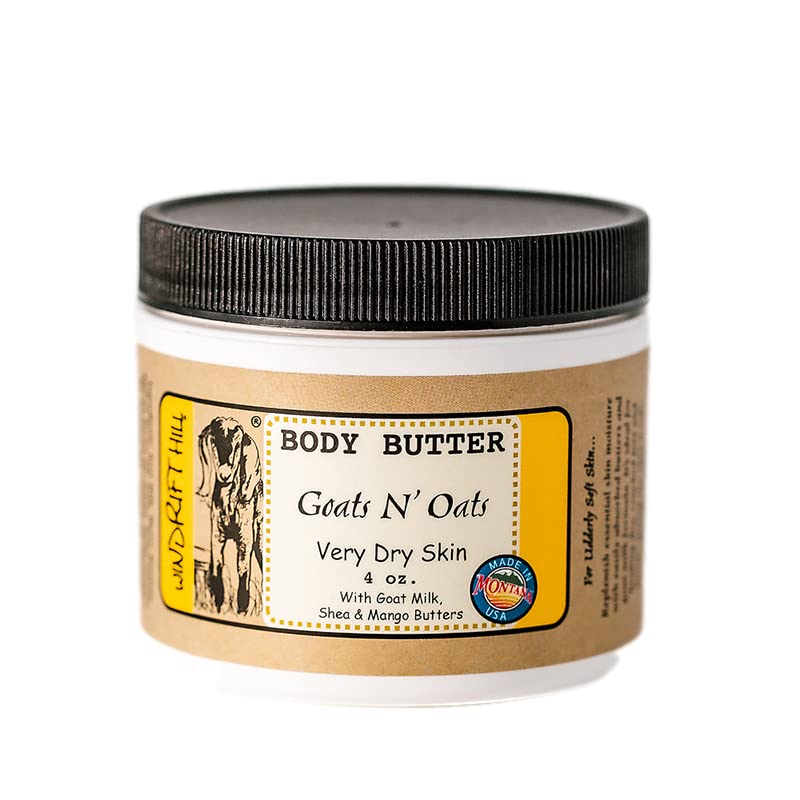 Windrift Hill Body Butter with goat's milk and almond scent softens very dry skin on hands and feet