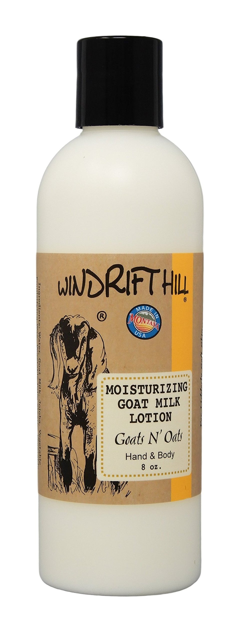 Windrift Hill Goats N Oats Almond lotion bottle for daily hydration and smooth skin.