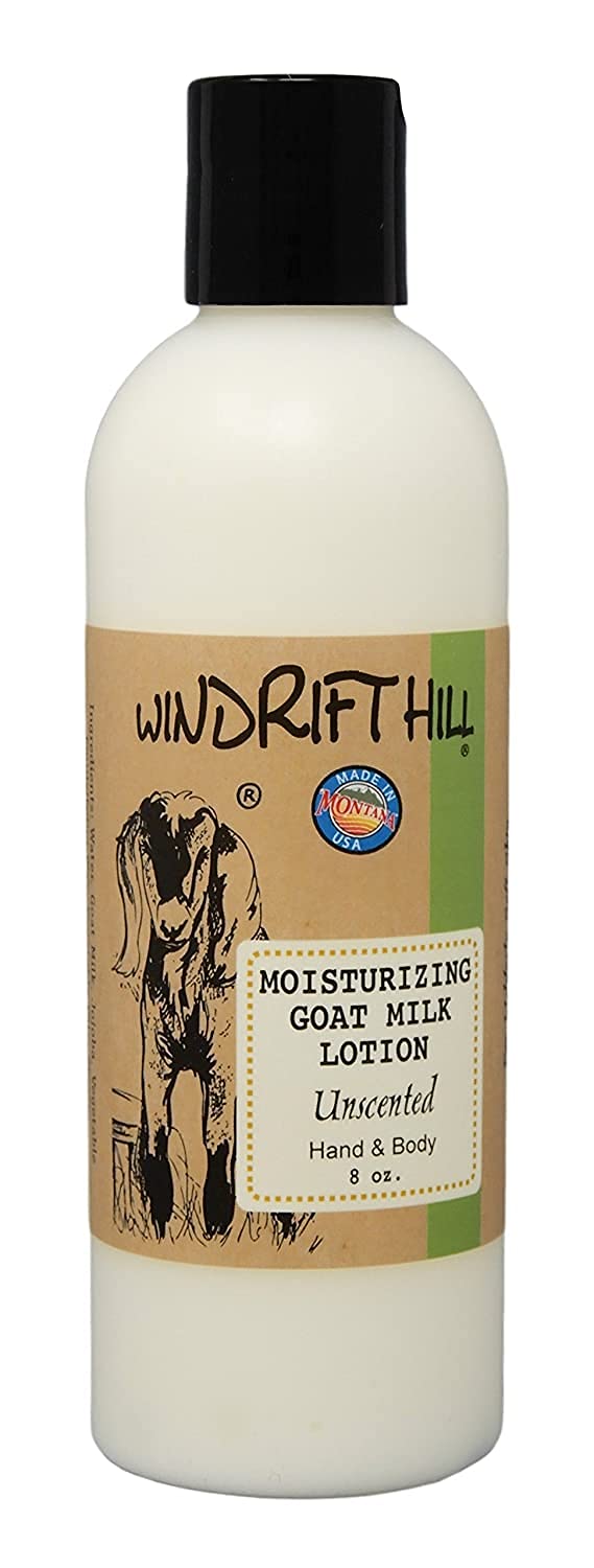 Windrift Hill moisturizing goat's milk lotion unscented bottle, soothing hydration for dry skin without fragrance