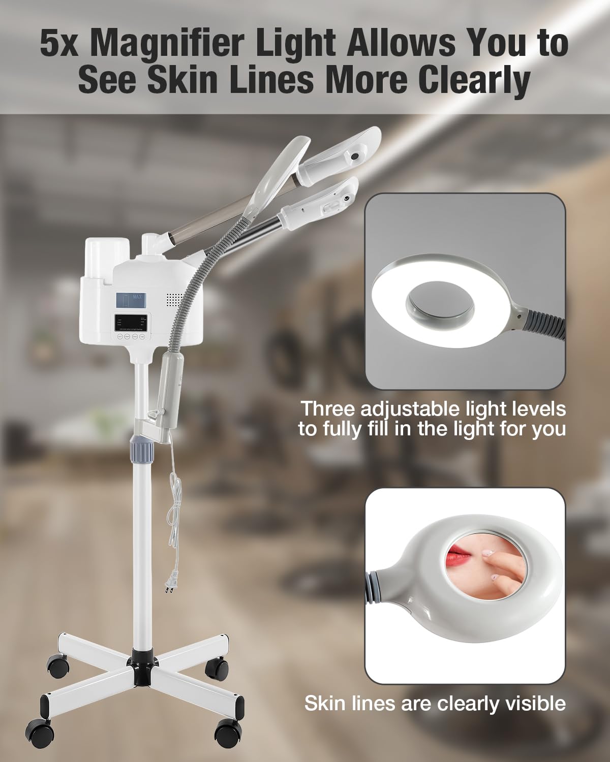 Winedyoung 5x LED magnifying lamp aids close inspection during treatment.