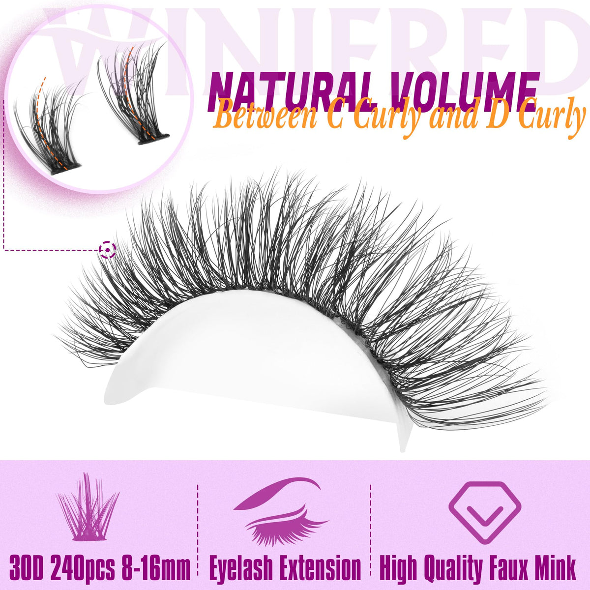 Winifred wispy lash clusters 8-16mm for soft, real-looking volume.