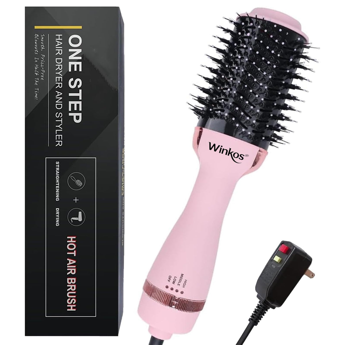 Winkos hair dryer brush with oval titanium barrel for smooth blowouts