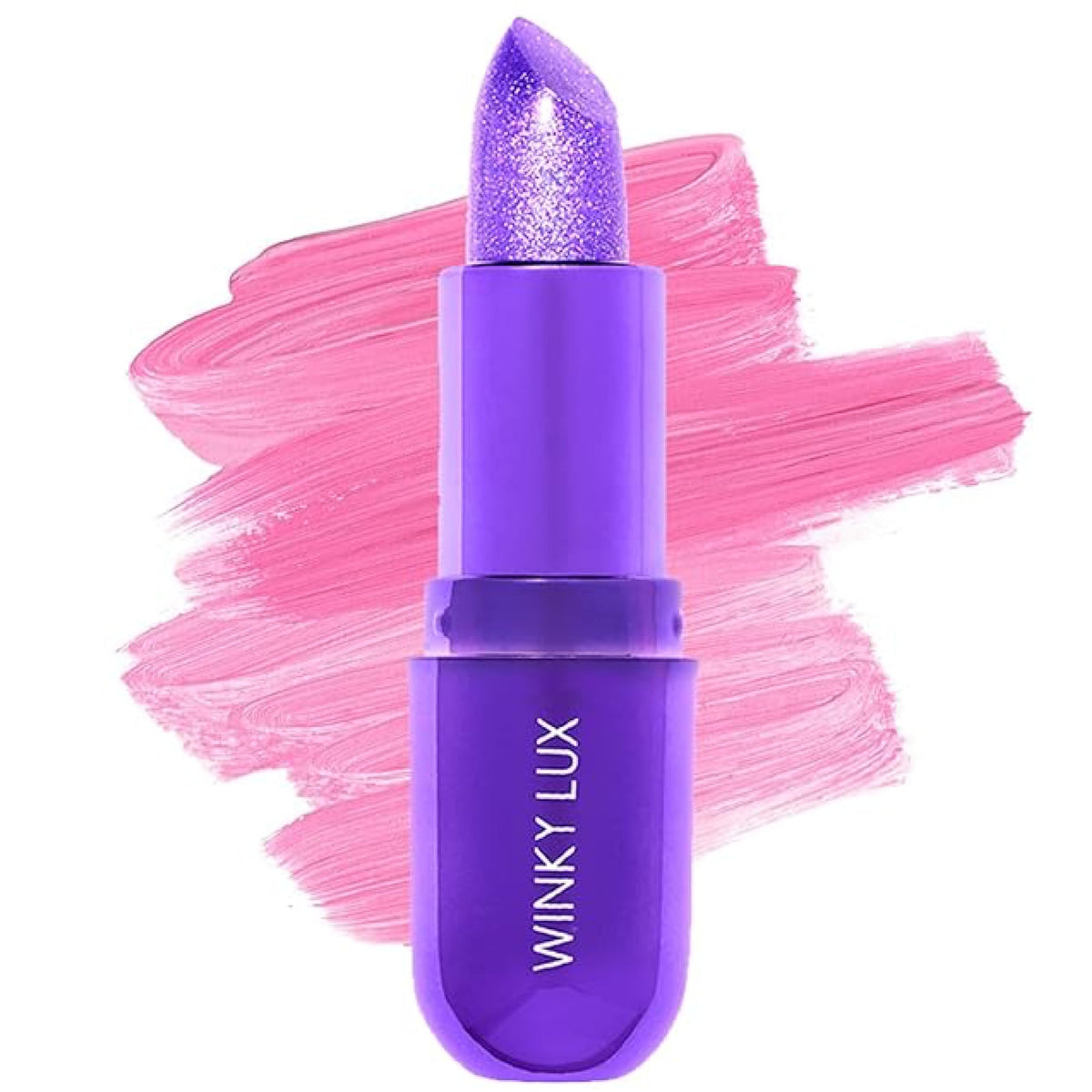 Winky Lux Amethyst Glimmer Balm swatch shows pink-purple tint on skin, close-up