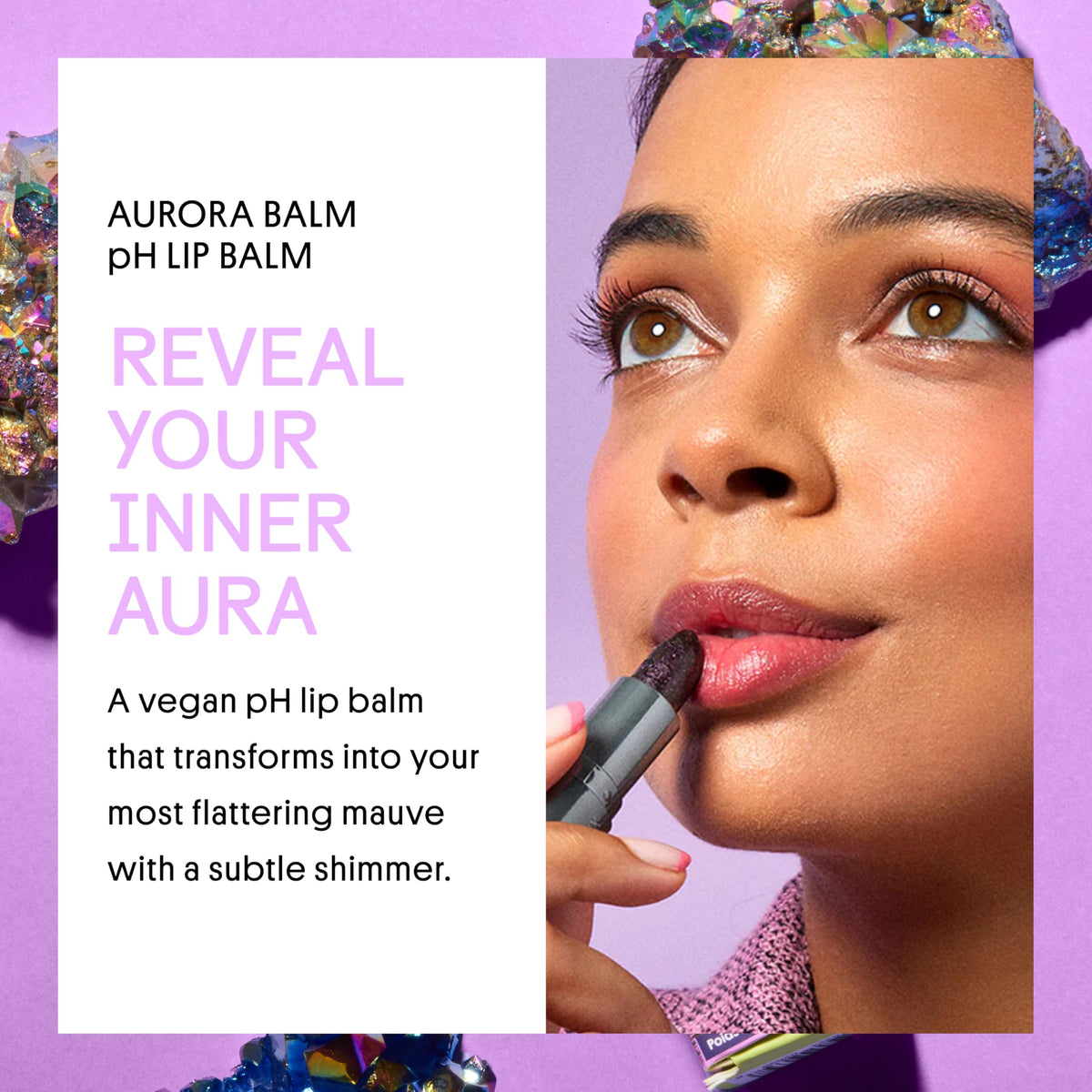 Winky Lux Aurora Glimmer Balm on lips reveals natural mauve tint for a soft, flattering color.