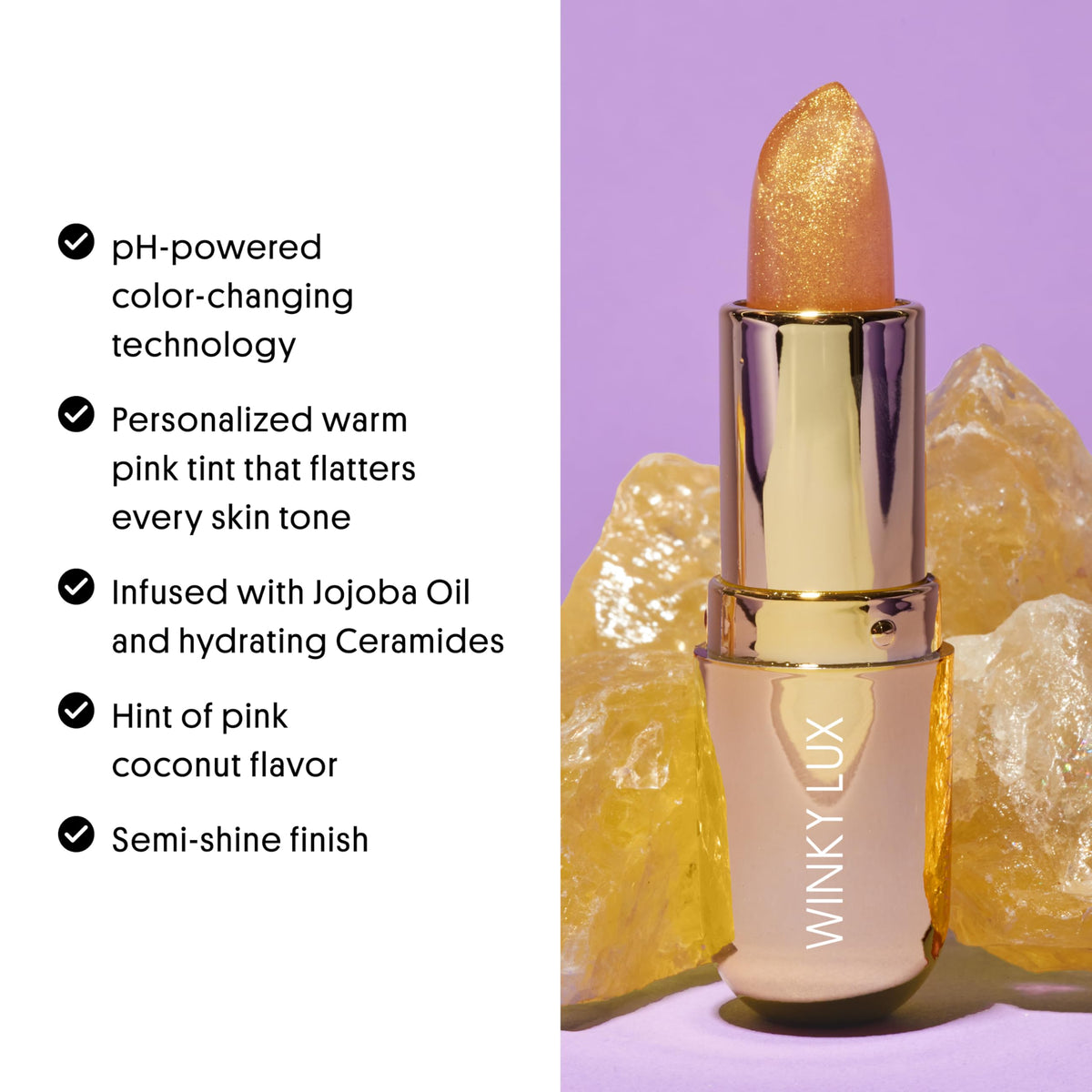 Winky Lux Citrine Glimmer Balm tube emphasizing ceramides for lasting moisture.