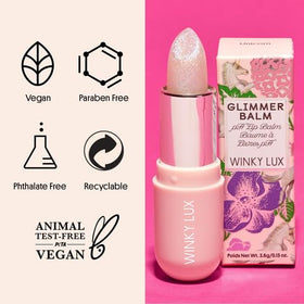 Close-up shows shimmering micro glitter blending into a rosy pink flush.