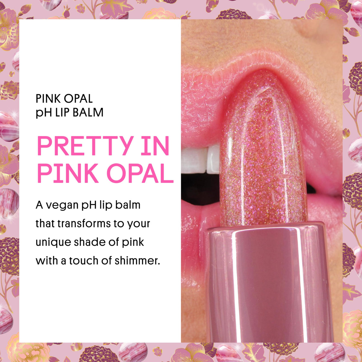 Winky Lux Pink Opal Glimmer Balm hydrates lips with ceramides and jojoba oil.