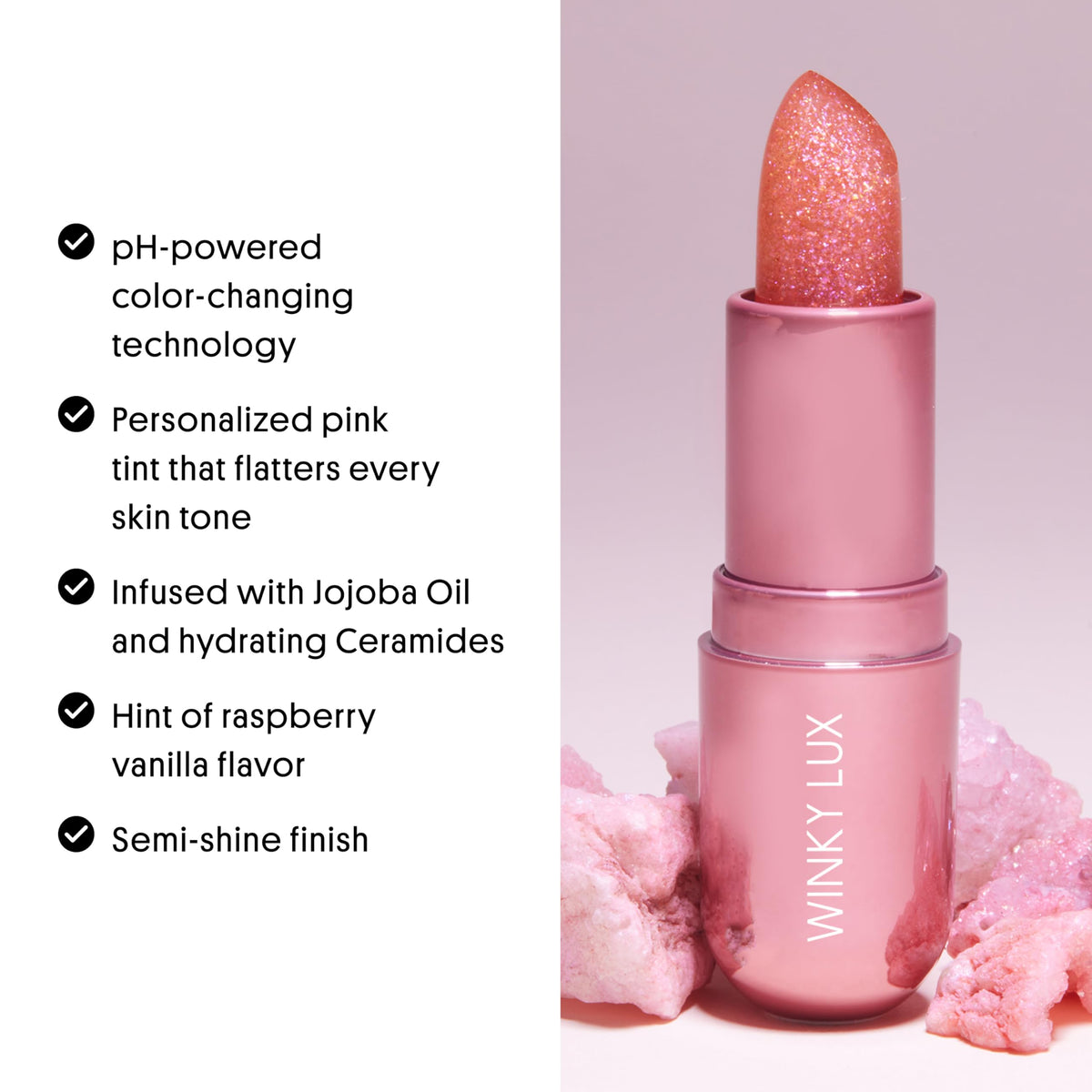 Winky Lux Pink Opal Glimmer Balm is clean, vegan, and cruelty-free.