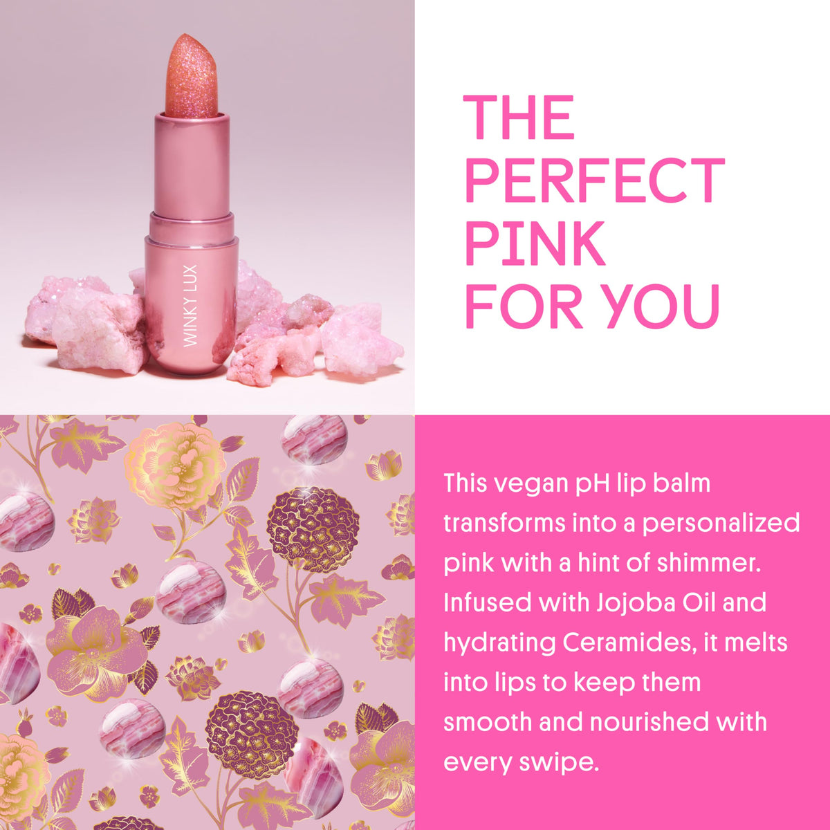 Winky Lux Pink Opal Glimmer Balm color-changing tint adapts to lips.
