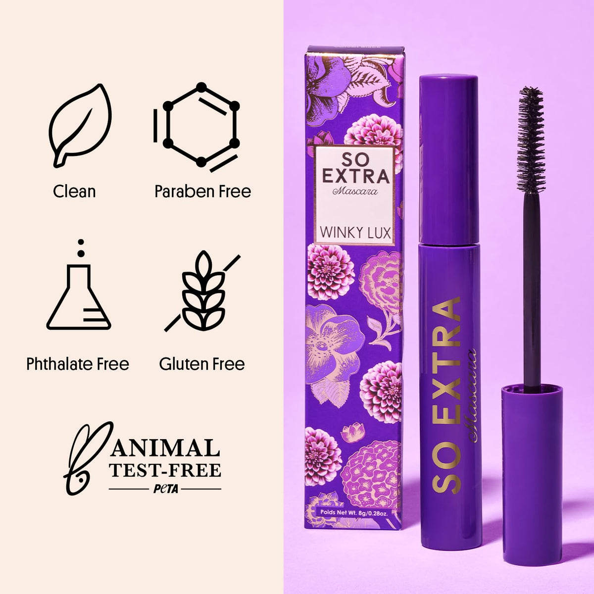 Winky Lux So Extra Mascara packaging and wand in sleek design.