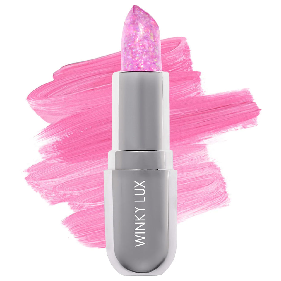 Winky Lux Lavender Glitter Confetti Balm packaging highlights a clean eco friendly design for on-the-go hydration.