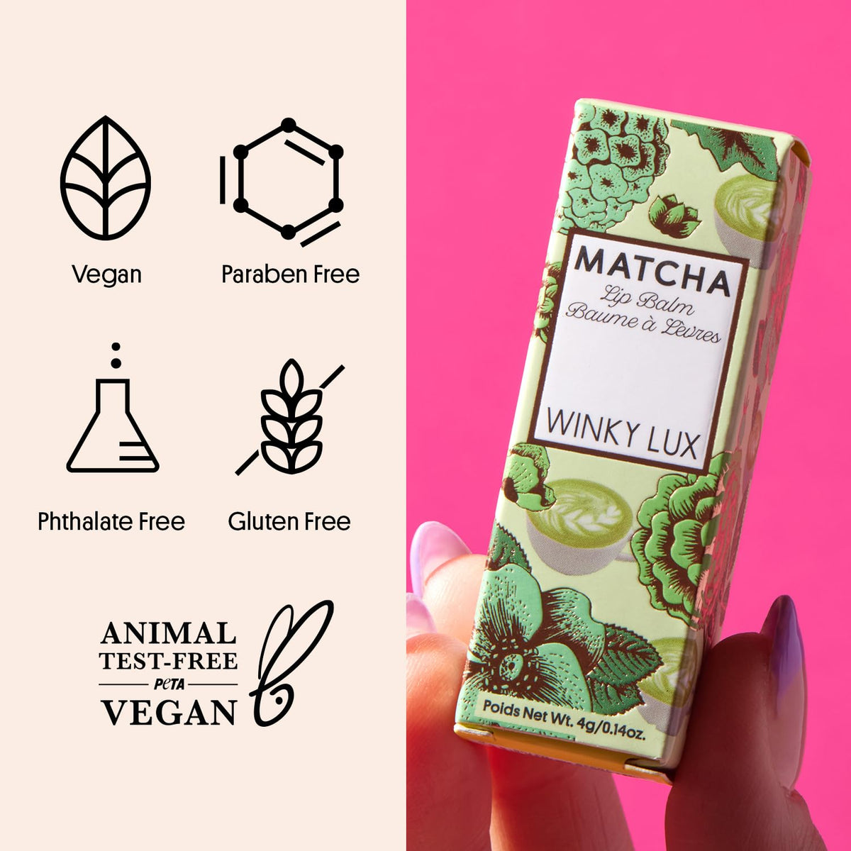 Night-time use of Winky Lux Matcha lip balm with calming vanilla–green tea scent.