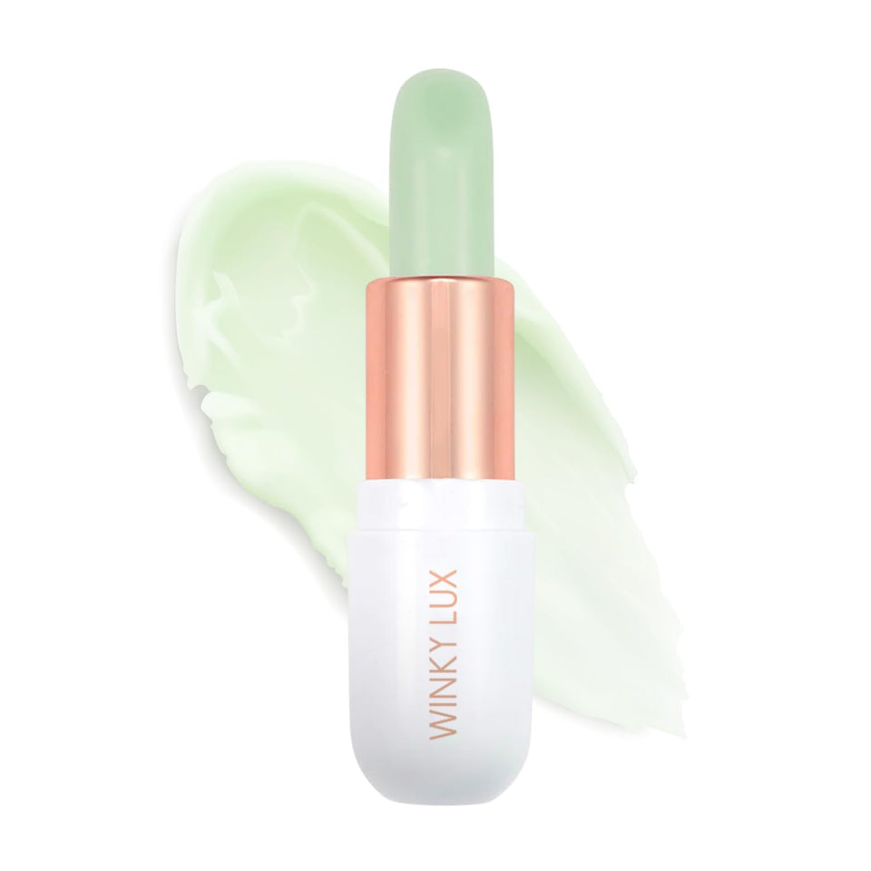 Winky Lux Matcha lip balm tube front showing clear hydration on a clean surface.