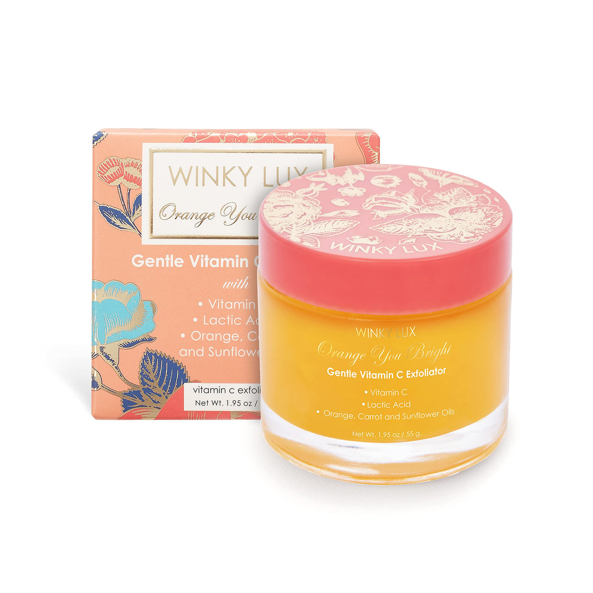 Winky Lux Orange You Bright Exfoliator jar closeup showing brightening formula for radiant skin
