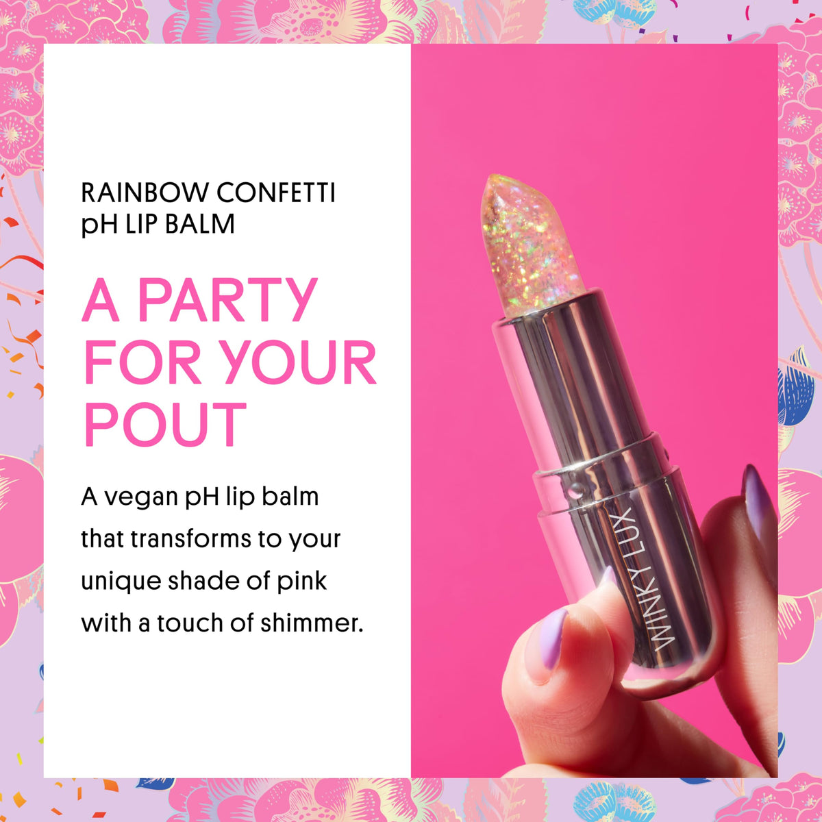 Lip swatch of Confetti Balm yielding personalized pink glow