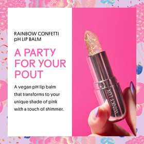 Lip swatch of Confetti Balm yielding personalized pink glow