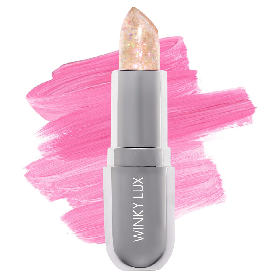 Winky Lux Rainbow Glitter Confetti Balm tube front with pink tint and shimmer