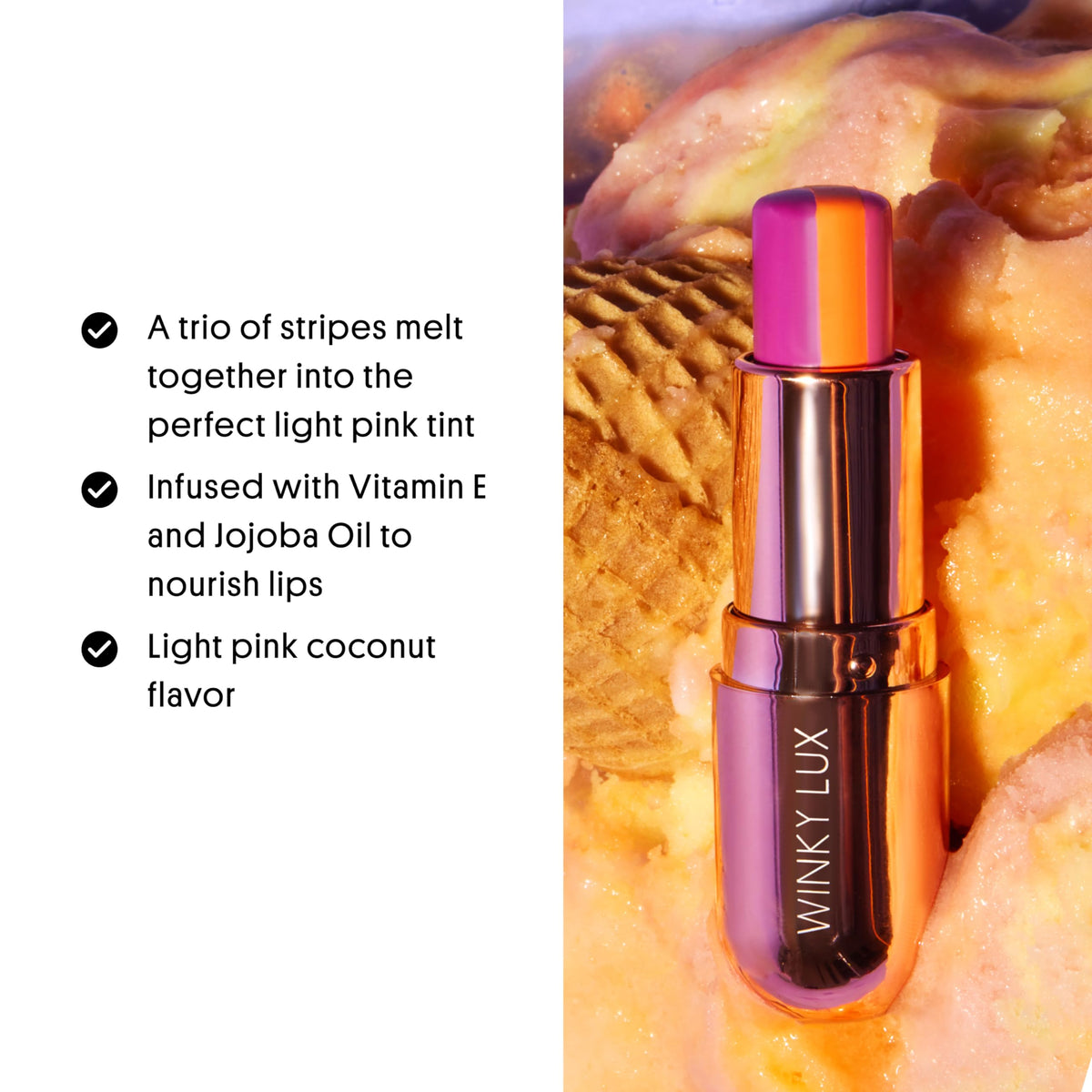 Close-up of Winky Lux Sorbet balm with jojoba oil nourishing lips