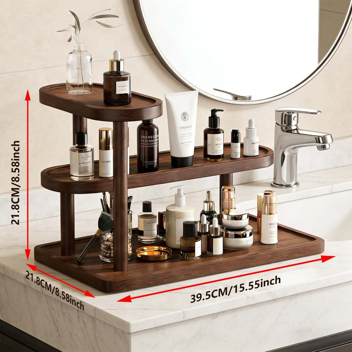 WINRIOO wooden organizer middle shelf arranges foundation, concealer, and powders for quick routines.