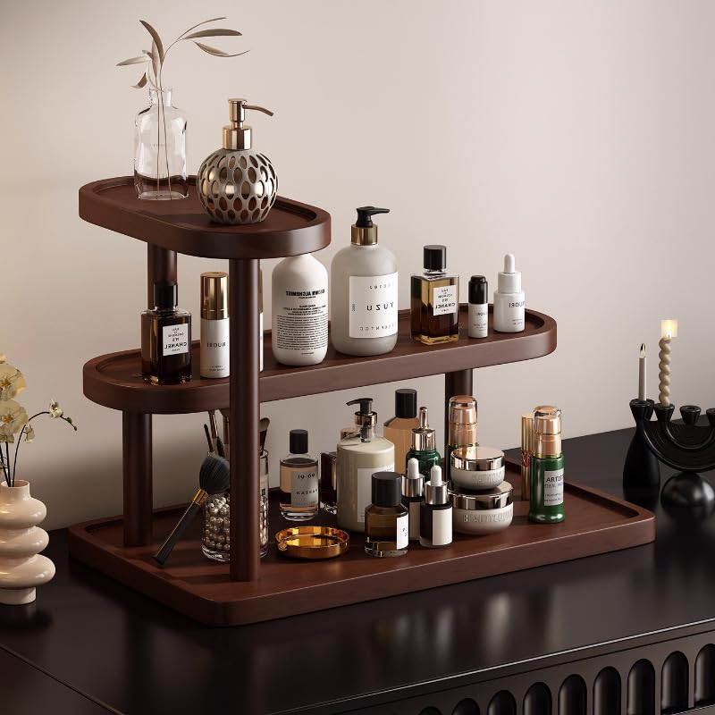 WINRIOO wooden bathroom organizer top shelf keeps skincare items and brushes neatly within reach.