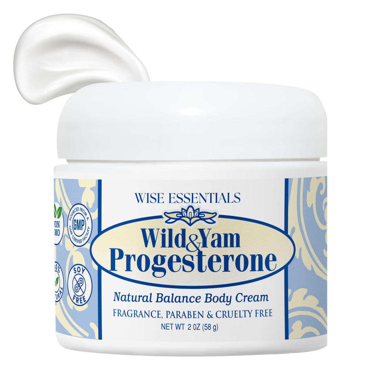 Wise Essentials Wild Yam Progesterone Cream bottle with pump for smooth daily hydration.