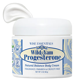 Wise Essentials Wild Yam Progesterone Cream bottle with pump for smooth daily hydration.