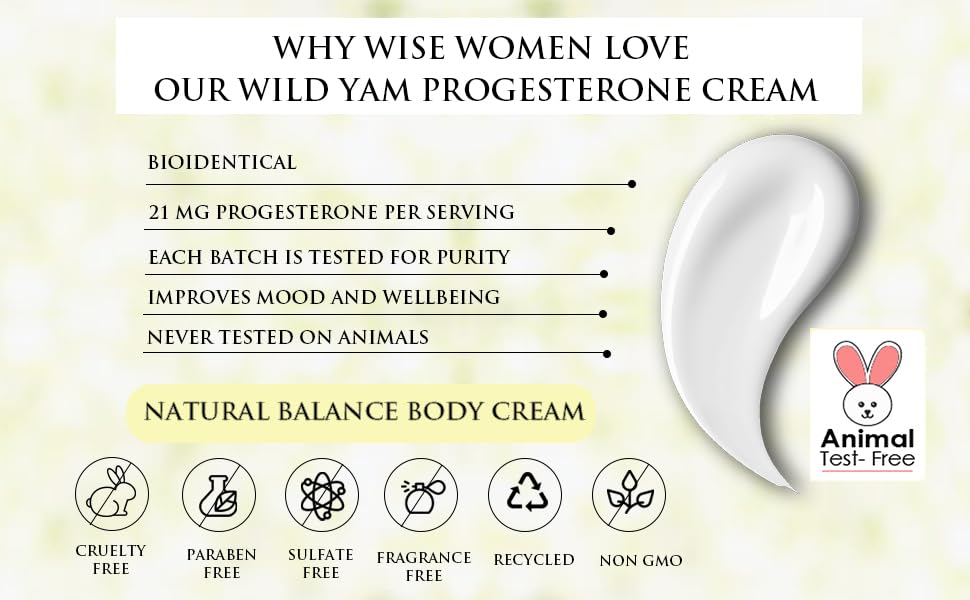 Wise Essentials Wild Yam Progesterone Cream ingredients panel highlighting olive oil and jojoba for nourished skin.