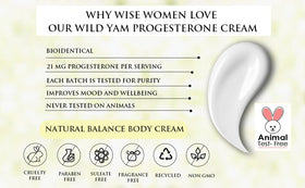 Wise Essentials Wild Yam Progesterone Cream ingredients panel highlighting olive oil and jojoba for nourished skin.