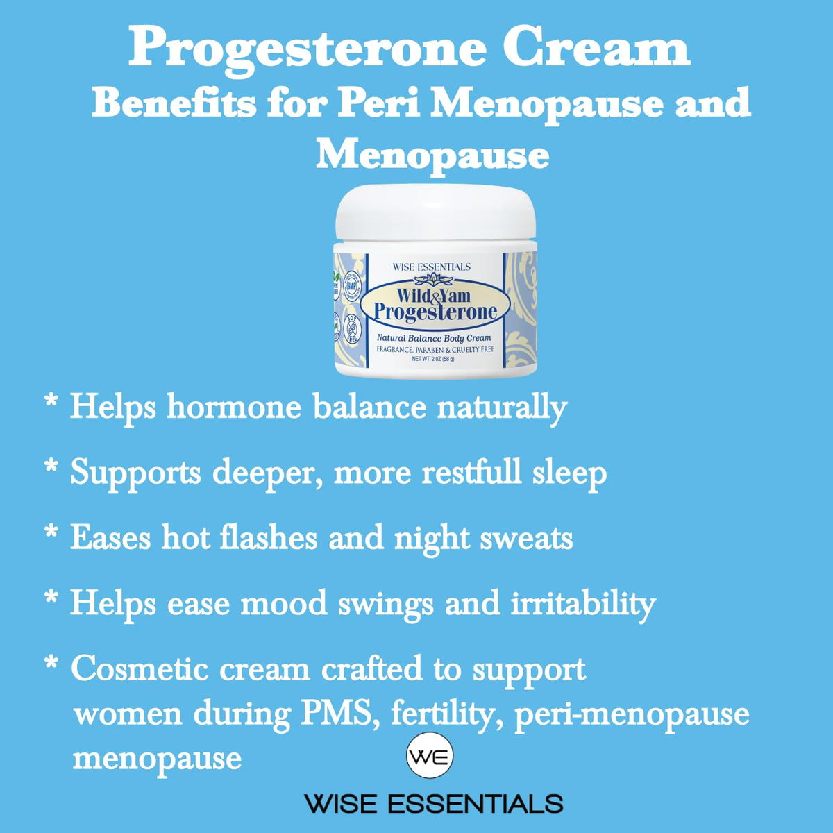 Wise Essentials Wild Yam Progesterone Cream jar closeup emphasizes clean, fragrance-free formula.