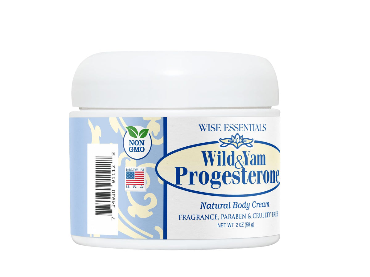 Wise Essentials Wild Yam Progesterone Cream label closeup communicates phytoestrogen blend.