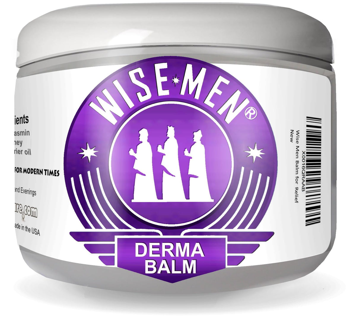 Wise Men Derma Relief Balm jar close-up showing soothing texture for calm skin.