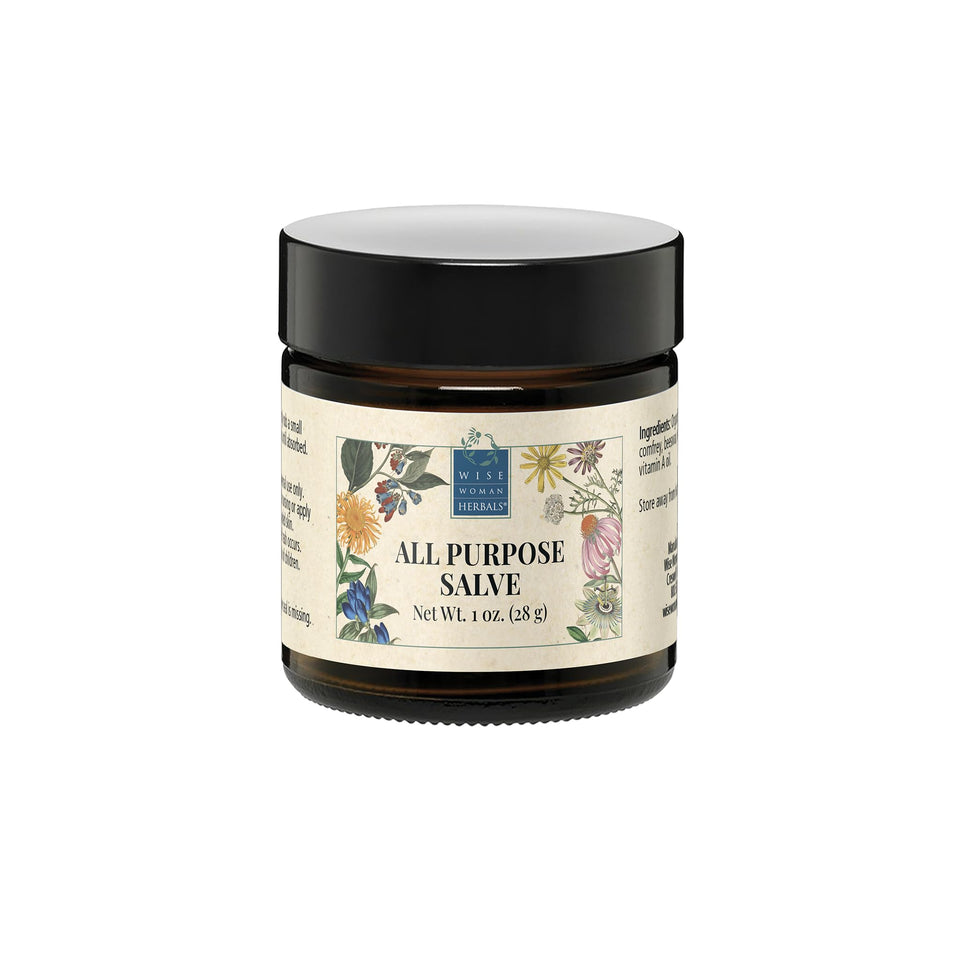 Wise Woman Herbals salve bottle closeup for soothing skin care