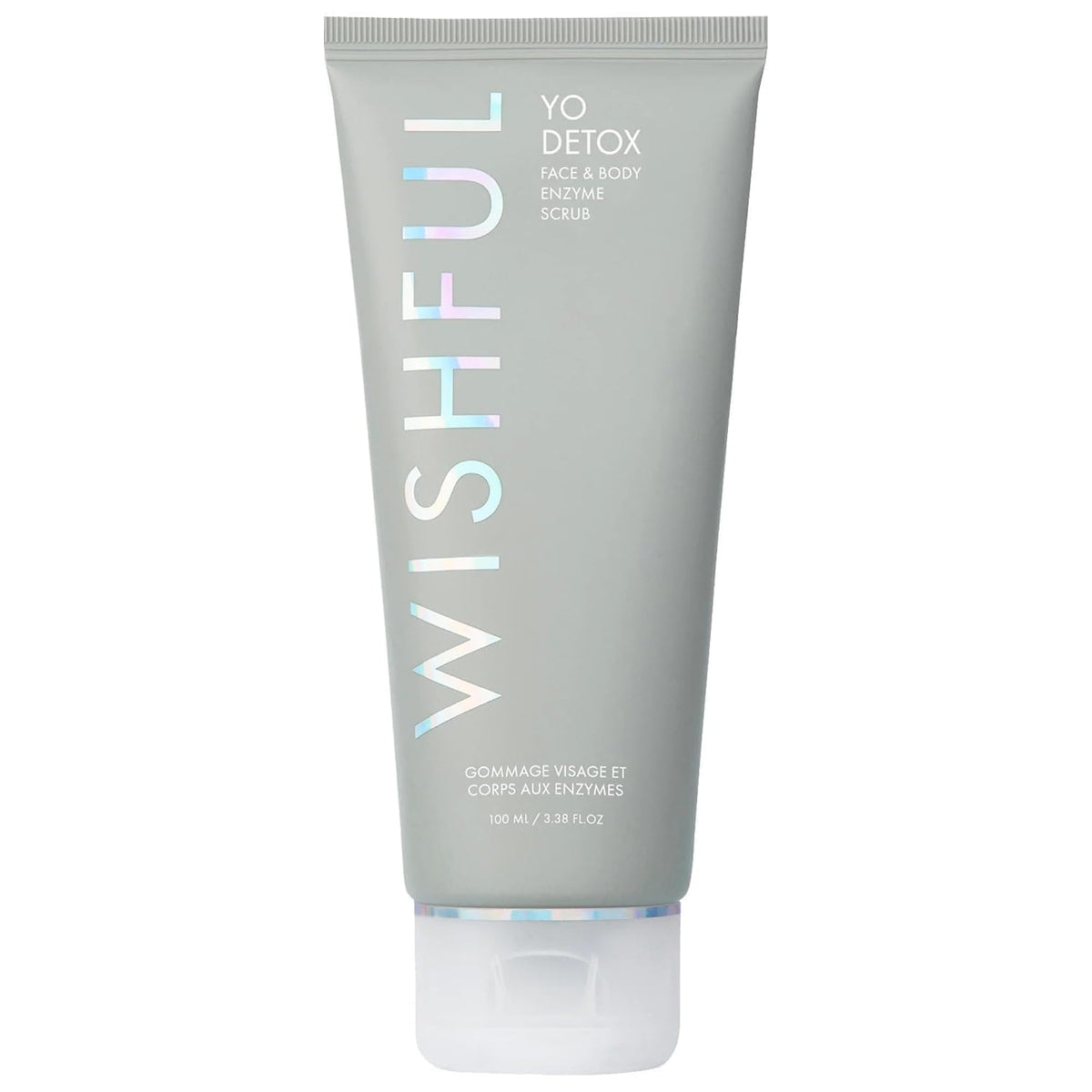 Wishful Yo Detox Charcoal bottle showcasing 3-in-1 exfoliation for face and body