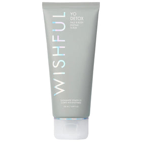 Wishful Yo Detox Charcoal bottle showcasing 3-in-1 exfoliation for face and body