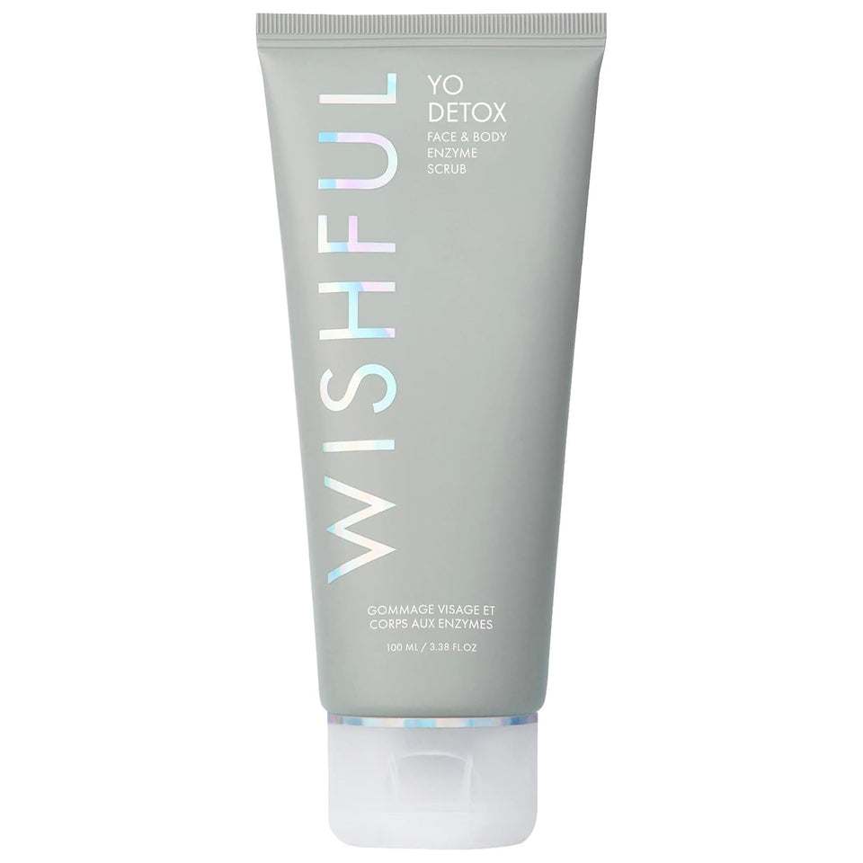 Wishful Yo Detox Charcoal bottle showcasing 3-in-1 exfoliation for face and body