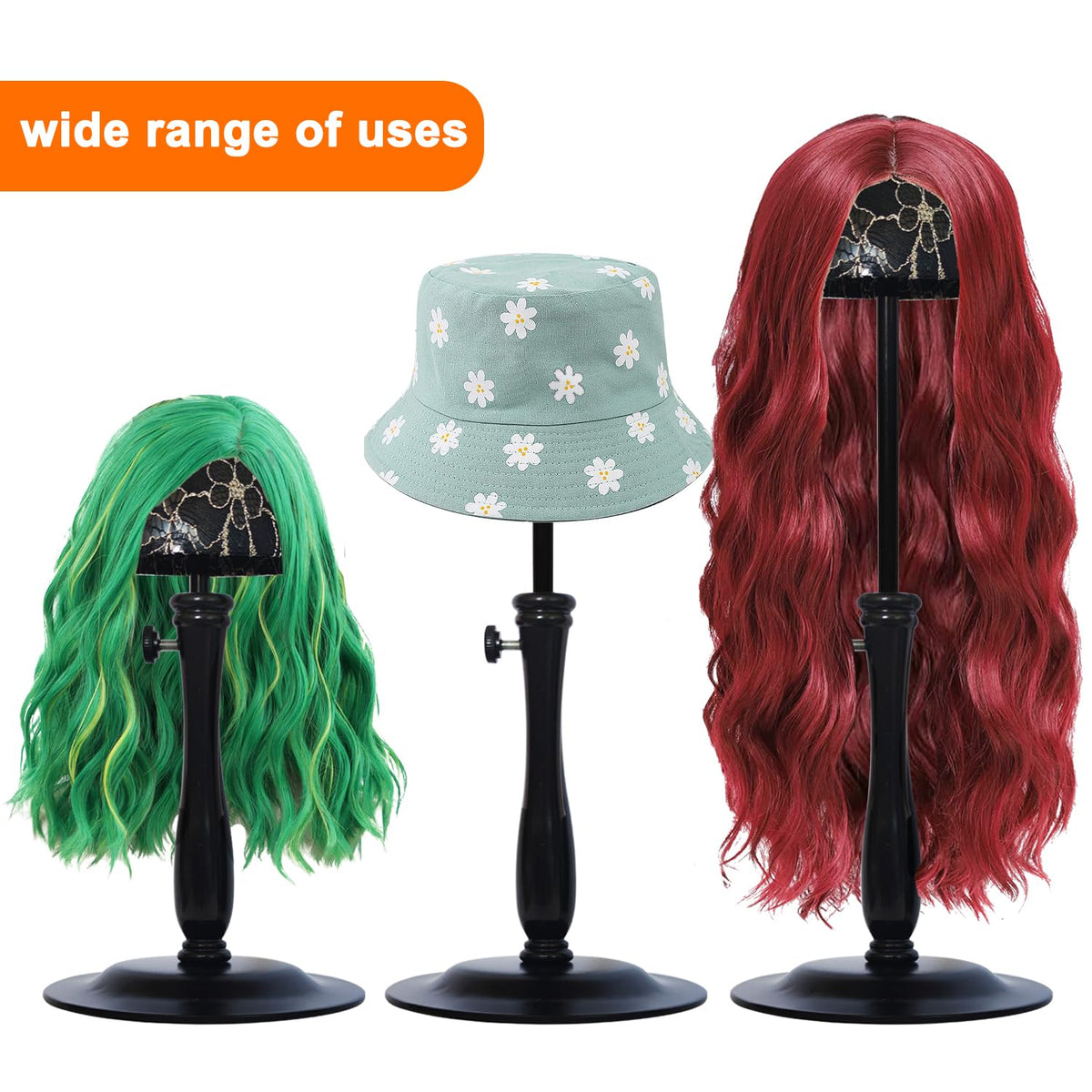 WiZiWi adjustable wig stand shows height flexibility for various wig lengths.