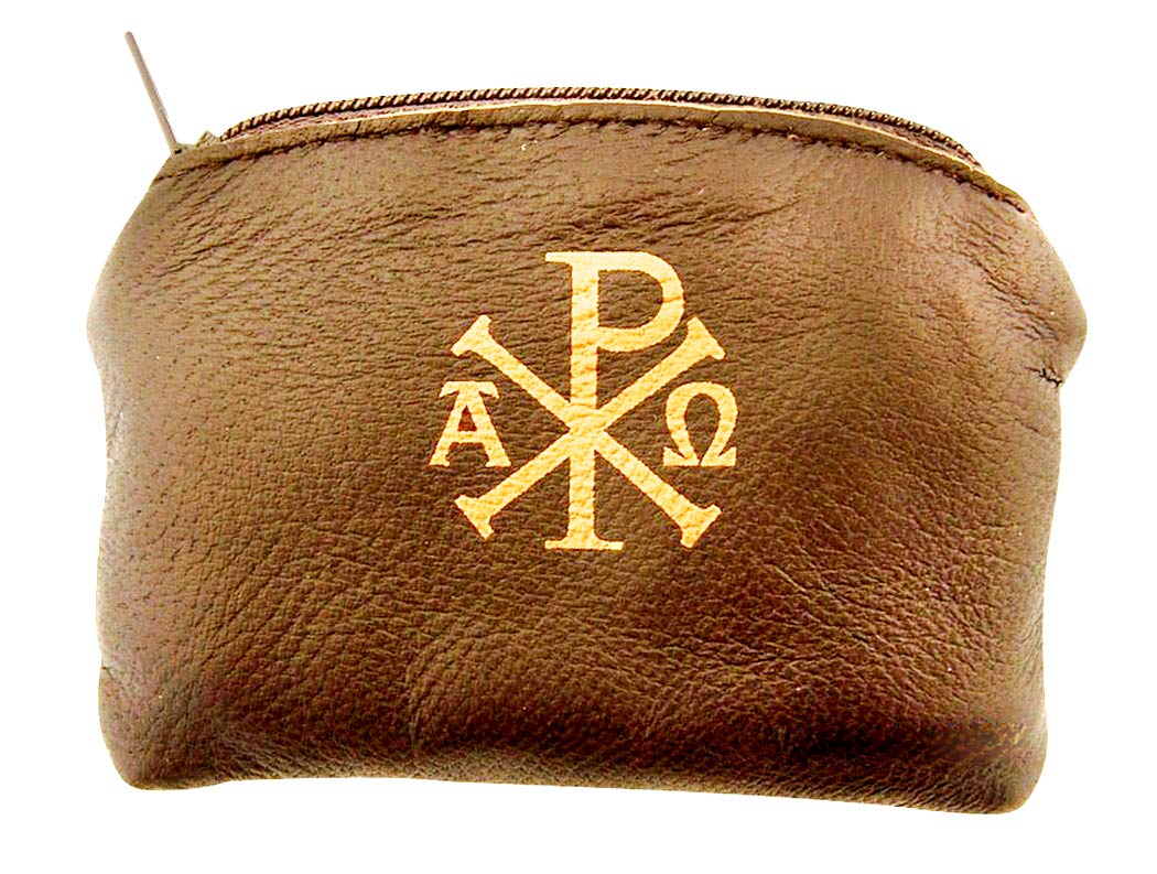 WJ Hirten Ava Maria Cross Rosary Case in brown, front view, compact travel-ready storage