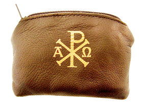 WJ Hirten Ava Maria Cross Rosary Case in brown, front view, compact travel-ready storage