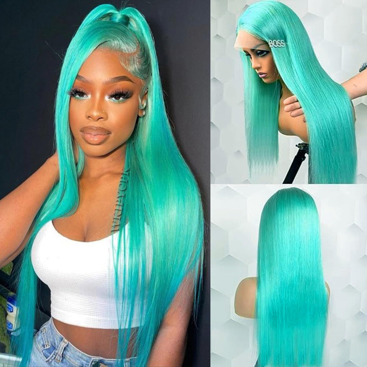 WKIPYCPK blue green wig front view showing bold turquoise styling for daily wear