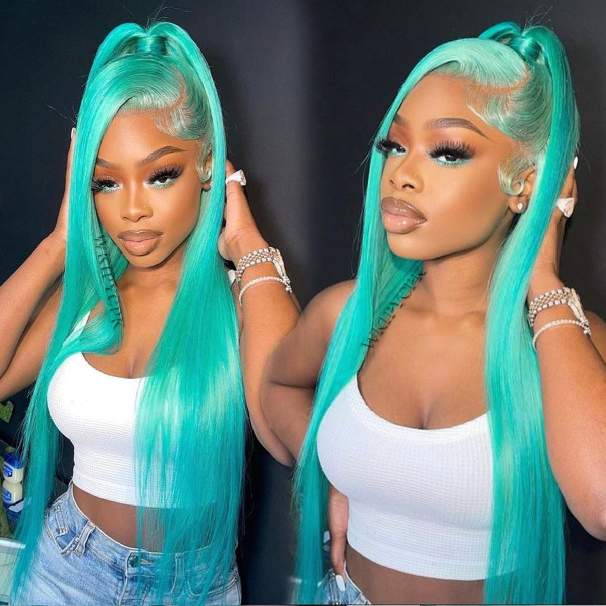WKIPYCPK mint green wig with HD lace close-up for natural look and comfort
