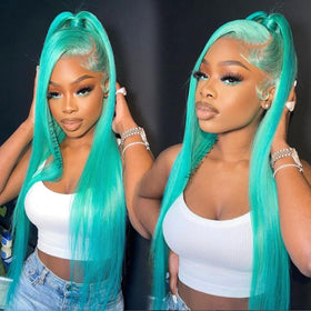 WKIPYCPK mint green wig with HD lace close-up for natural look and comfort
