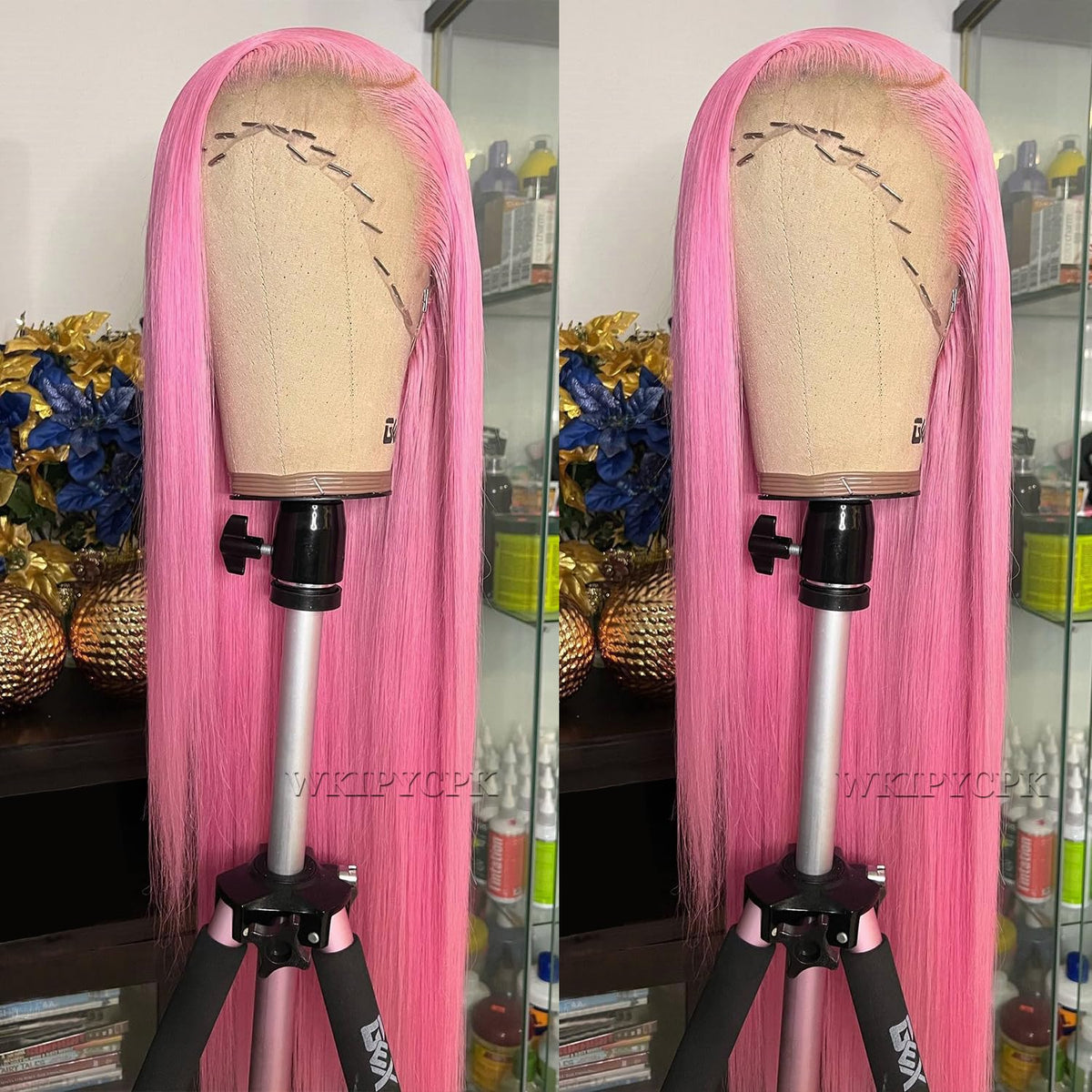 WKIPYCPK Pink Lace Front Wig with 24-inch straight hair for a natural look.