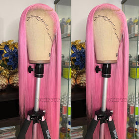 WKIPYCPK Pink Lace Front Wig with 24-inch straight hair for a natural look.