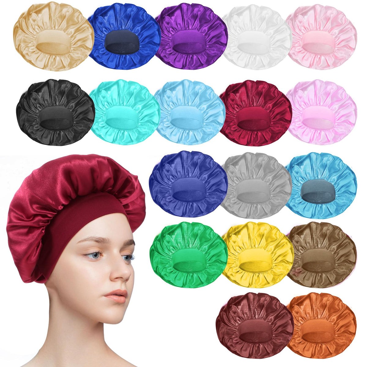 WLLHYF satin bonnet demonstrates non-slip elastic band for comfortable wear