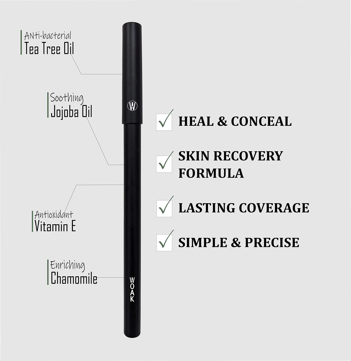 WOAK Stealth Fighter Pen tea tree oil feature for soothing care.